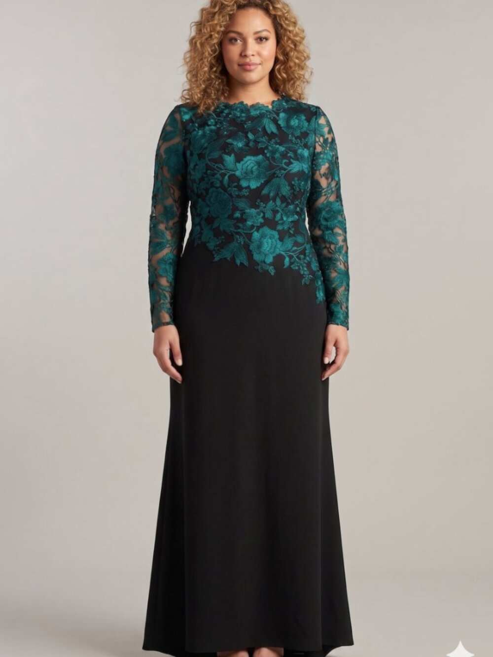Tadashi Shoji Green Embroidered Lace Gown Black Maxi Dress Plus Size 18 Evening